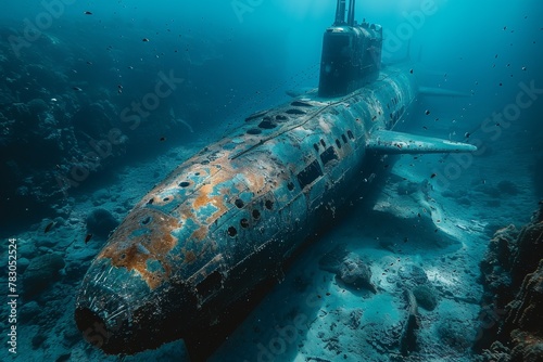 Pristine underwater shot of an ancient submarine landlocked amidst sea life, evoking a sense of the past silent wars photo