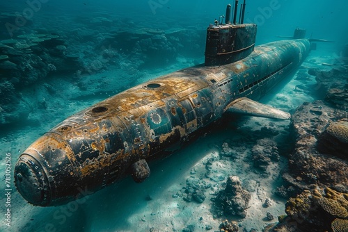A close-up view of an aged, weathered submarine lying quietly on the ocean floor surrounded by marine life