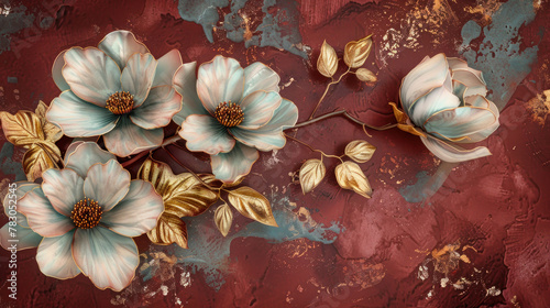 Beautiful spring white flower with golden leavs on burgundy decorative background as wallpaper illustration, Elegant White Gold Flower	