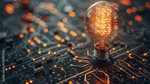 A light bulb lights up on the circuit board. Light bulb surrounded by circuit board background