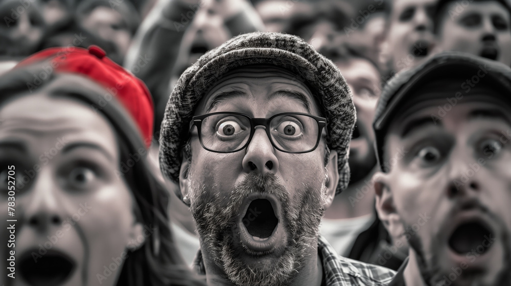 man with hat, glasses is looking with his mouth wide open. He is surrounded by a crowd of people who are also looking at him. Concept of excitement and surprise. inspiration, surprise in peoples faces man with hat, glasses is looking with his mouth wide open. He is surrounded by a crowd of people who are also looking at him. Concept of excitement and surprise. inspiration, surprise in peoples faces