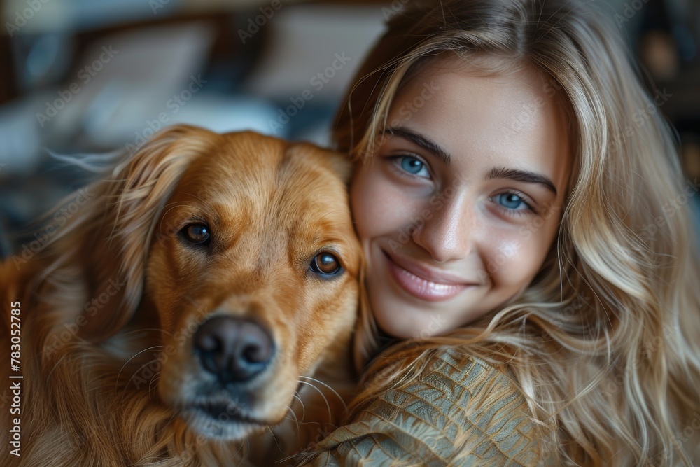 Blonde woman with blue eyes smiling and embracing a golden dog, sharing affection