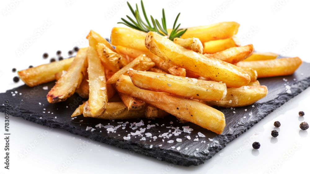 Crisp steakhouse style French Fries with pepper and salt, on slate plate, isolated on white background. Crisp steakhouse style French Fries with pepper and salt, on slate plate, isolated on white background.