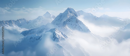 Mountain summit cutting skyward through clouds, sweeping view of surrounding peaks © Prapat