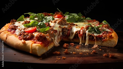 Pizza with salami and mozzarella on a black background