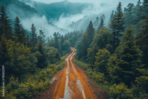 A moody, mist-covered mountain scene with a dirt road winding through dense fog and forest