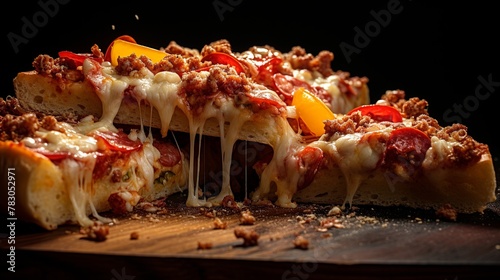 Pizza with salami and mozzarella on a black background