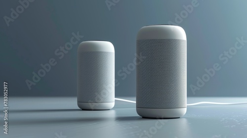 Activating two 3D wireless speakers or home intelligent voice assistants on blue gray background.