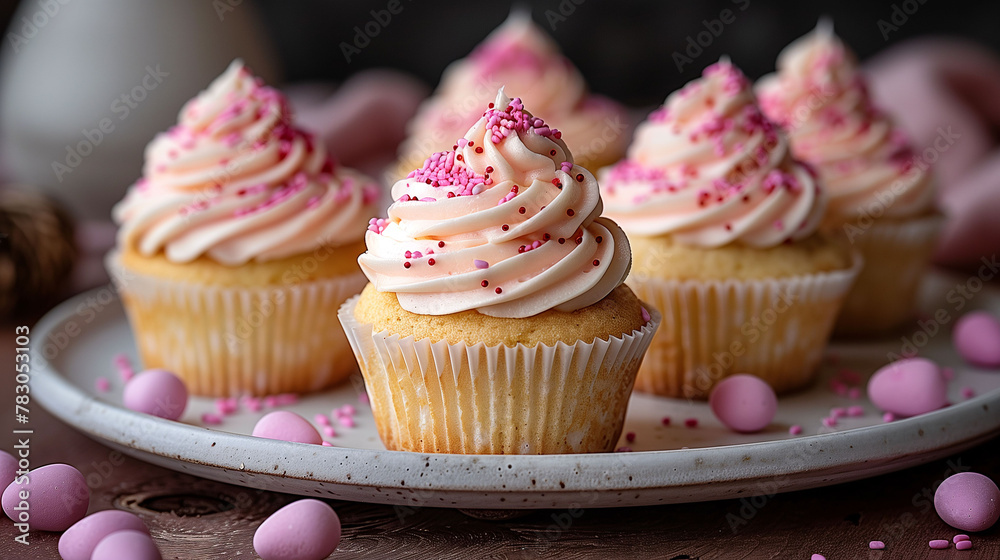 Delicious vanilla cupcakes with pink cream frosting and sprinkles on a plate, surrounded by candy-coated chocolates, perfect for celebrations and parties.