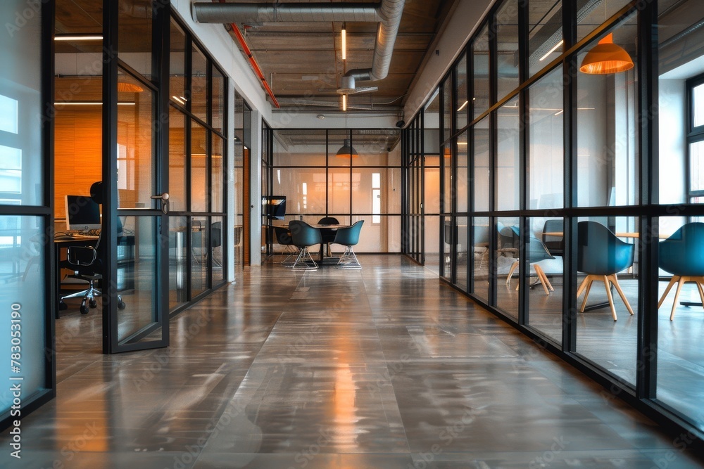 A sleek modern office space with glass walls, comfortable chairs, and warm lighting