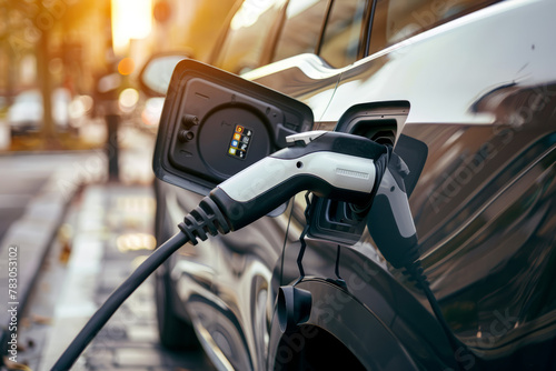 Close-up view of an electric vehicle undergoing charging. photo