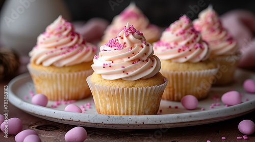 Delicious vanilla cupcakes with pink cream frosting and sprinkles on a plate, surrounded by candy-coated chocolates, perfect for celebrations and parties.
