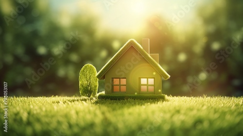 Beautiful green house in the meadow. photo