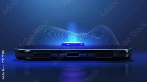 Banner ad for mobile speaker. 3D wireless speaker making sonic waves as it plays music on speaker-like surface. Concept similar to voice-activated assistant for home. photo