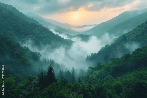 A breathtaking view of the sun rising over a misty landscape with various shades of green indicating dense forest coverage