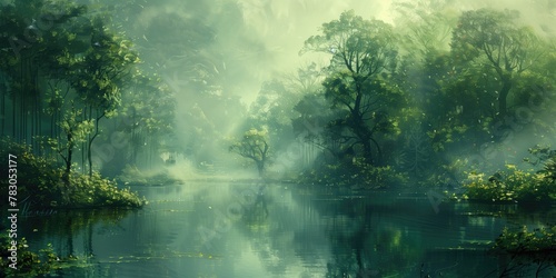 Enchanted Rainforest Wallpaper, Mystical Green Forest with Sunbeams and Reflective River