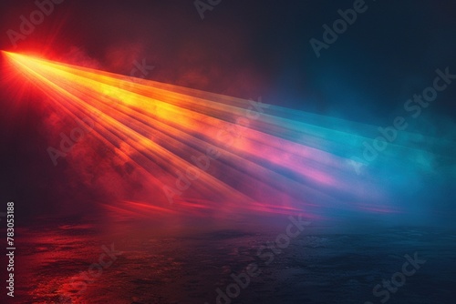 Two gradient light beams, one shifting from azure to emerald, the other from fiery orange to crimson, intersect in a dazzling point on a stark black backdrop © Martin