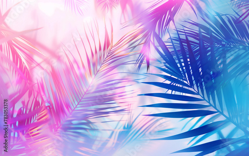 Bright Blue and Pastel Pink Tropical Palm Leaves with Sun Rays