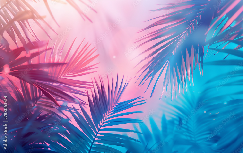 Bright Blue and Pastel Pink Tropical Palm Leaves with Sun Rays Bright Blue and Pastel Pink Tropical Palm Leaves with Sun Rays