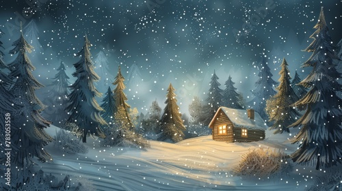 Wintry night scene with a snug cabin and snow-laden trees, perfect for serene holiday backgrounds. photo