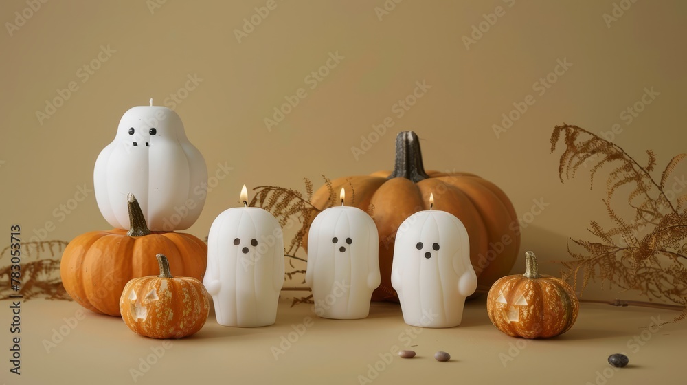 Whimsical ghost candles with serene pumpkins, perfect for a gentle Halloween vibe. Whimsical ghost candles with serene pumpkins, perfect for a gentle Halloween vibe.