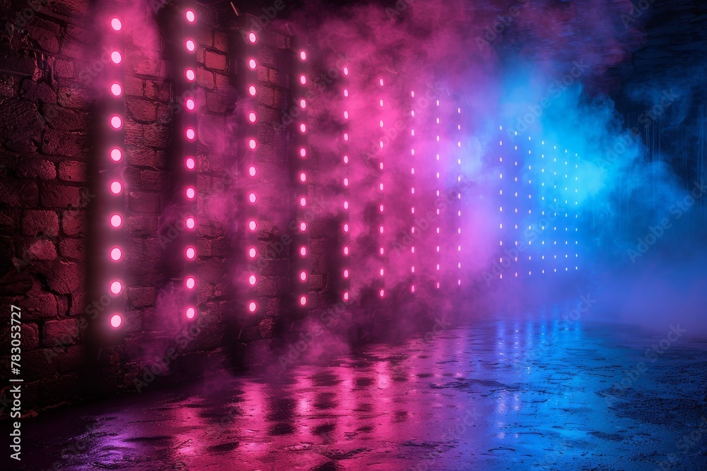 Pink and blue LED lights cast a vivid glow against a brick wall with haze, evoking a moody ambiance Pink and blue LED lights cast a vivid glow against a brick wall with haze, evoking a moody ambiance