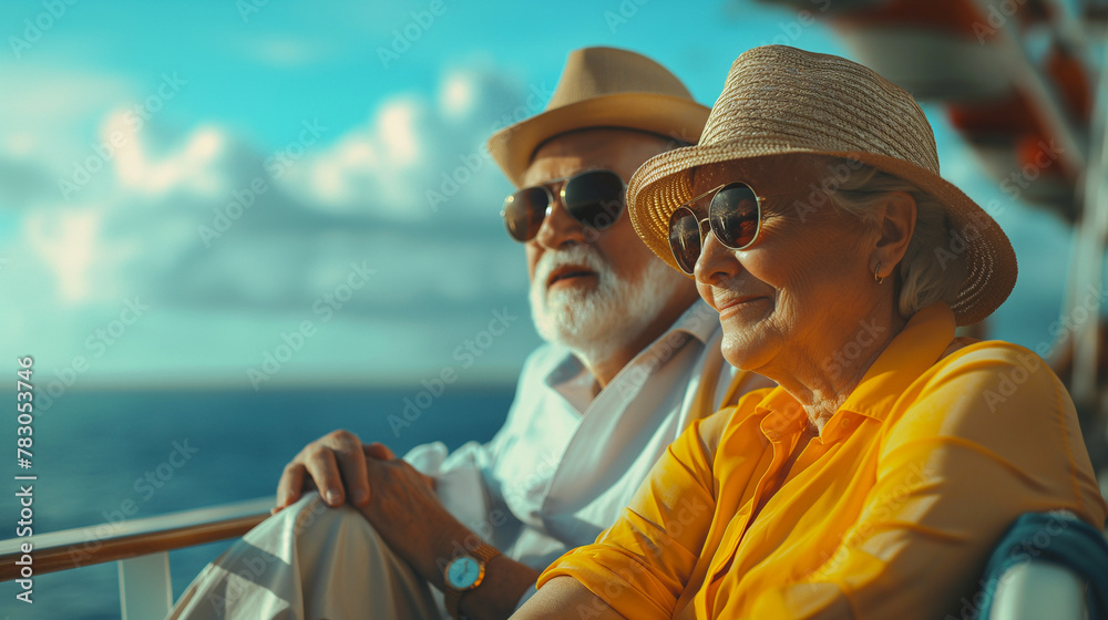 Senior couple man and woman sitting in sun loungers on the deck of a cruise ship. Cruise travel for senior couples, concept.