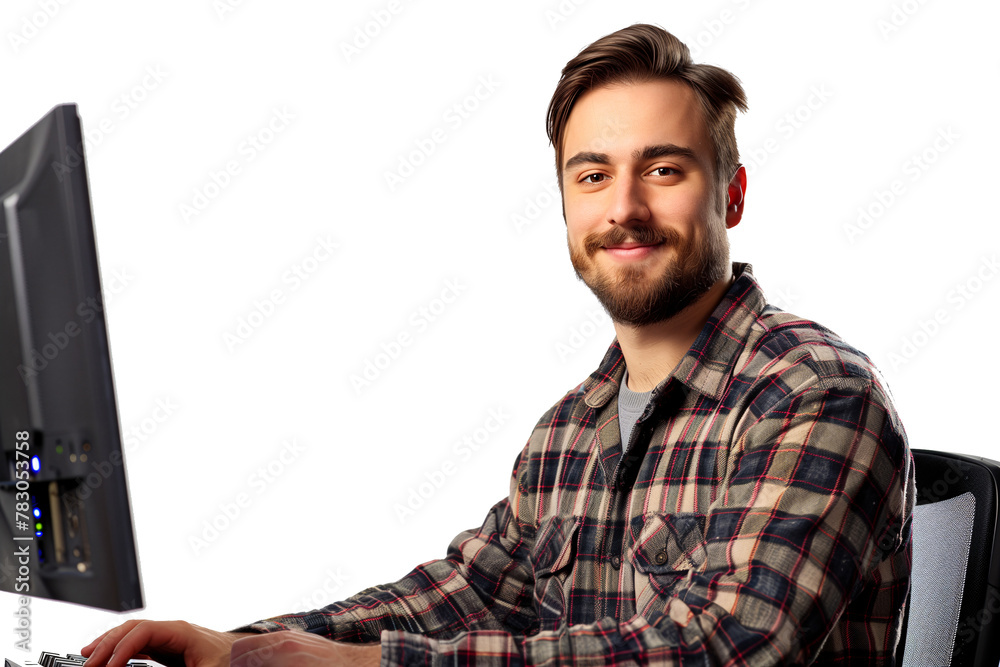 Tech Expertise and Approachability: Smiling IT professional working at a computer station Tech Expertise and Approachability: Smiling IT professional working at a computer station