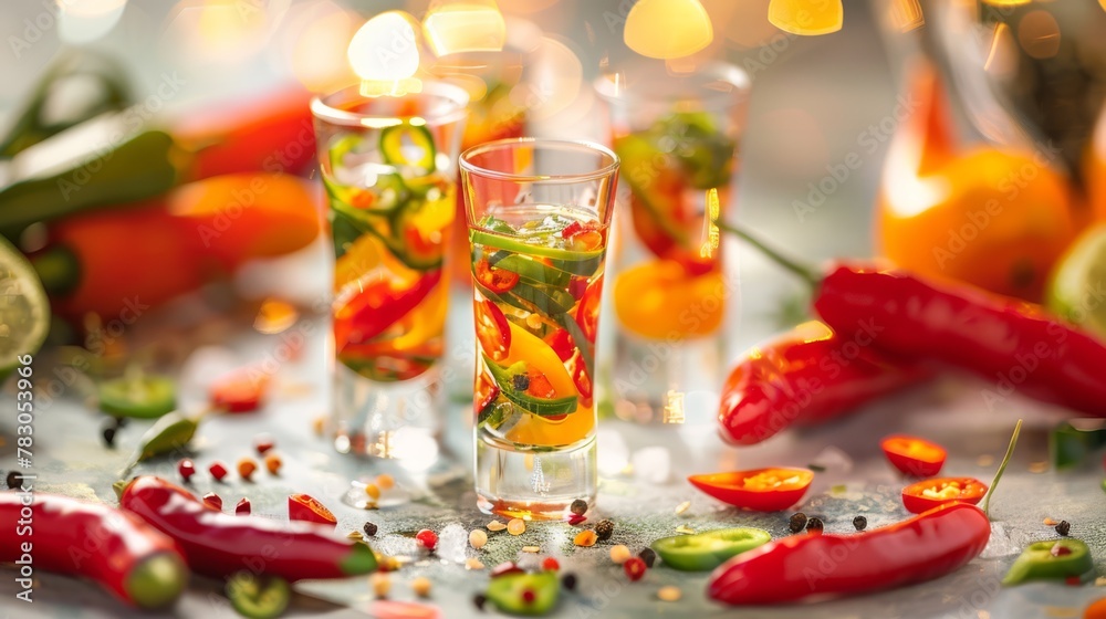 Colorful spicy tequila cocktail setup, ideal for culinary and lifestyle themes.