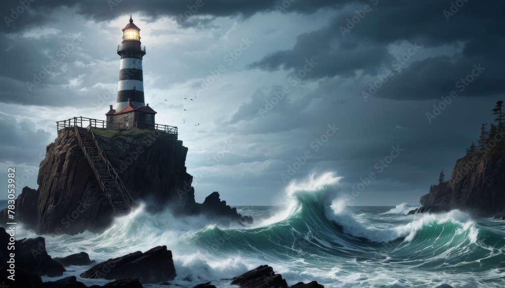 A lighthouse stands defiant against tempestuous waves under a brooding sky, a beacon of hope amidst nature's fury.. AI Generation