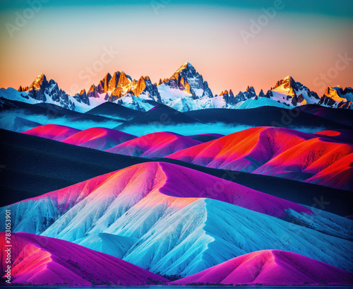 A beautiful landscape with mountains in the background and pink and purple hues in the foreground.