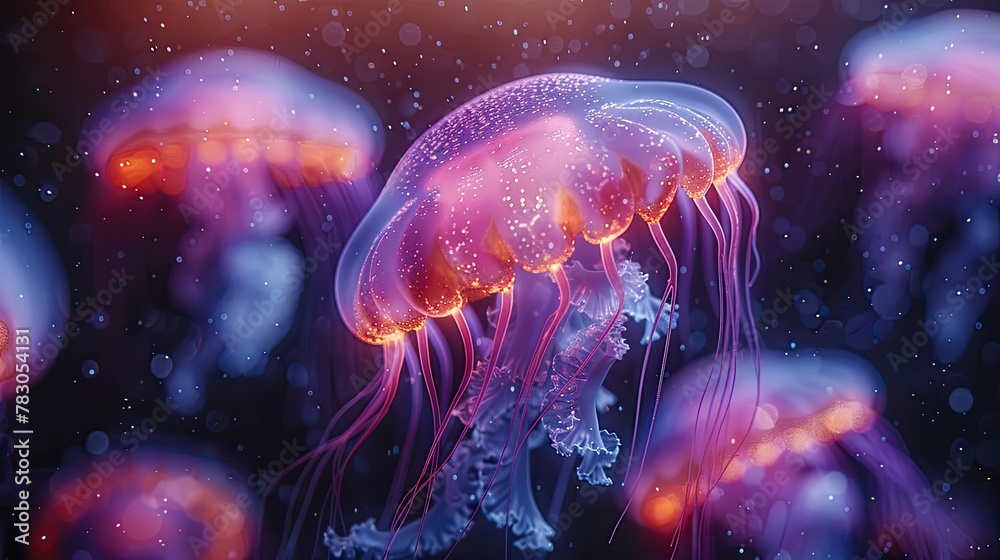 Eerie Glow of Moon Jellyfish Illuminates the Darkness of the Deep Sea. Eerie Glow of Moon Jellyfish Illuminates the Darkness of the Deep Sea.