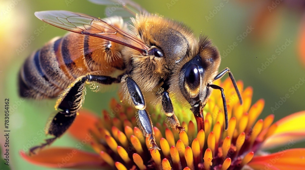 In a ballet of nature, a honey bee flits from flower to flower, its fuzzy body adorned with pollen collected for the hive. In a ballet of nature, a honey bee flits from flower to flower, its fuzzy body adorned with pollen collected for the hive.