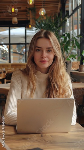 Beautiful girl with blonde hair, wearing an elegant white sweater, sitting at a table in front of her laptop and looking directly into the camera