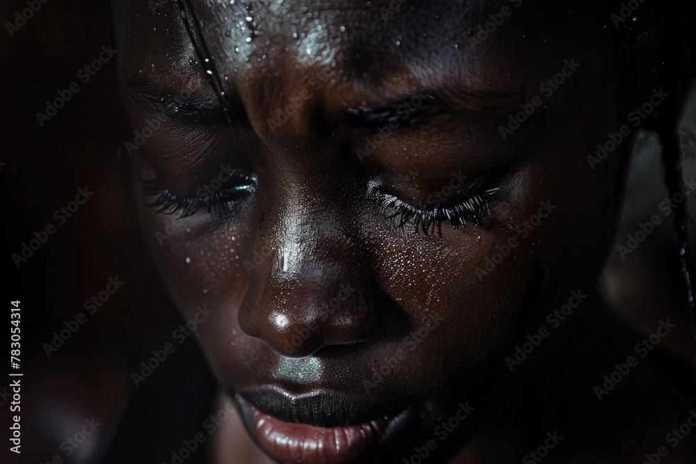 Loss and Sorrow: Black Woman Crying in Fear and Grief with Tears Loss and Sorrow: Black Woman Crying in Fear and Grief with Tears