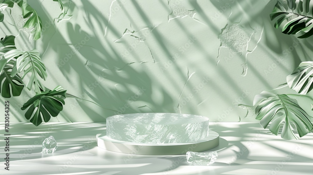Background of textured glass wall and wave tropical leaves in 3D illustration of display podium. Background of textured glass wall and wave tropical leaves in 3D illustration of display podium.