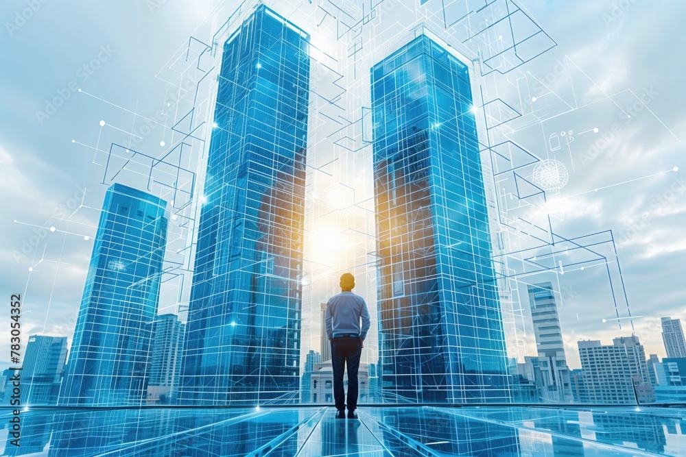 Fototapeta premium blueprinting for high-rise building projects with an image featuring architects and structural engineers designing skyscrapers and tall structures