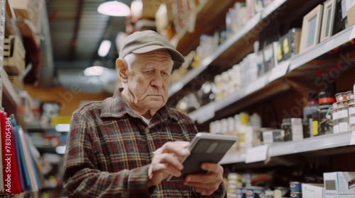 Elderly man working in a hardware store using digital tablet. Small business concept