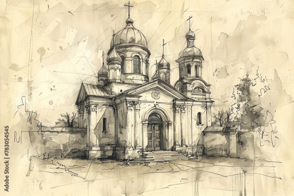 Old Church Sketch: Stunning Architecture and Serene Atmosphere of a Historic Place of Worship in the Heart of the City