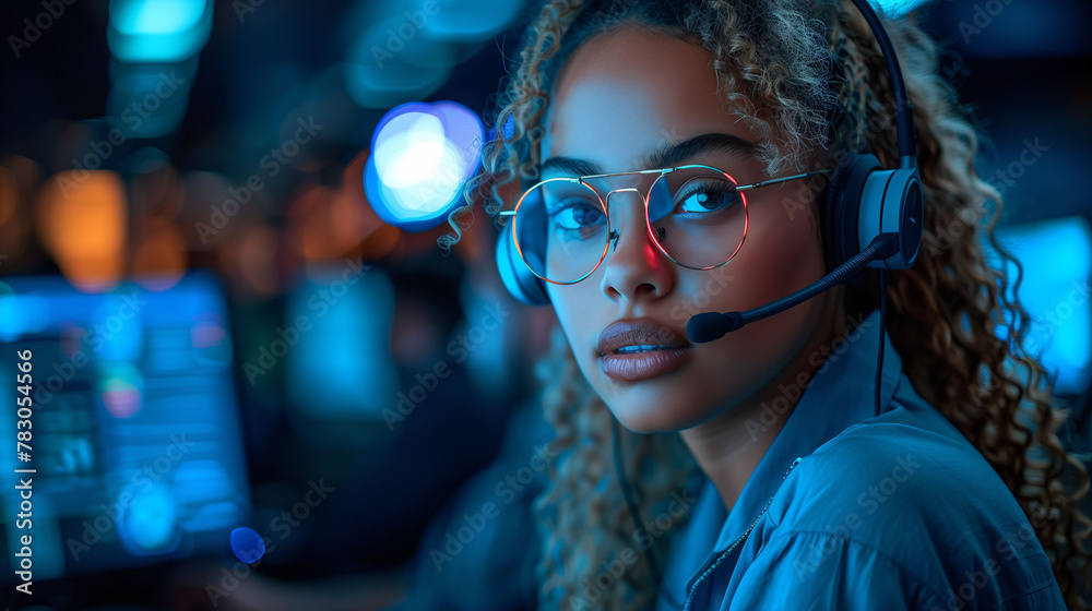 Focused female professional with headset in a high-tech control room, illuminated by blue screens, embodying modern communication and technology.