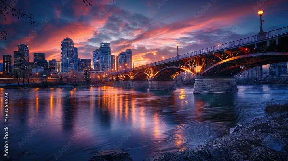 Peace Bridge Sunset over Skyline. Beautiful Urban City Landscape with Eye-Catching Architecture and Water Views