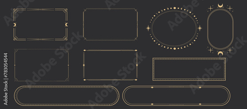 Line golden frame, celestiam minimal esoteric border, mystyc linear decoration with dots, corners isolated on dark background. Geometric shape, tarrot 