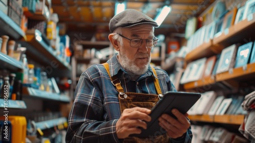 Elderly man working in a hardware store using digital tablet. Small business concept photo