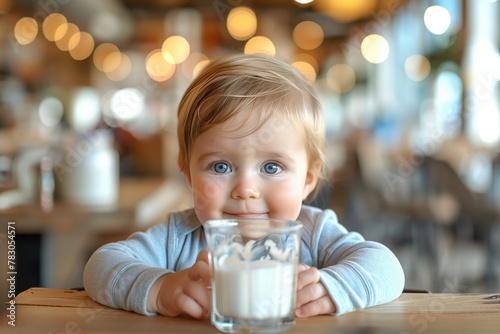 Cute baby boy with glass of milk in cafe photo