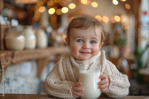 Cute baby boy with glass of milk in cafe