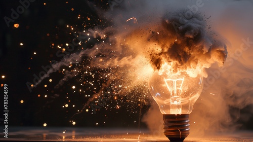 The light bulb was blown out and surrounded by smoke. Concept of destruction and chaos