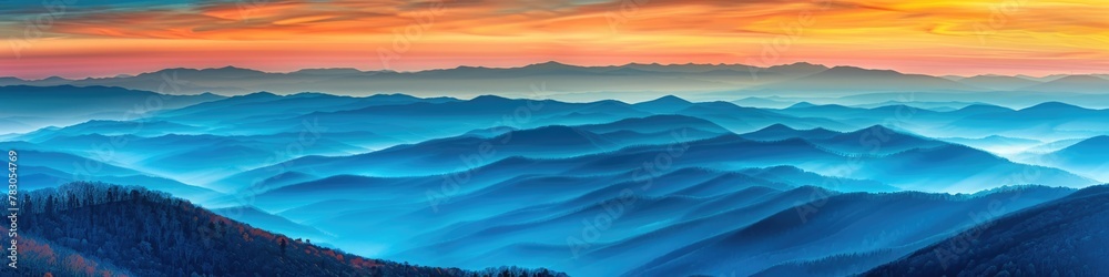 Smoky Mountain Sunset: Captivating Blue and Orange Sky with Foggy Ridges in Great Smoky Mountains Smoky Mountain Sunset: Captivating Blue and Orange Sky with Foggy Ridges in Great Smoky Mountains