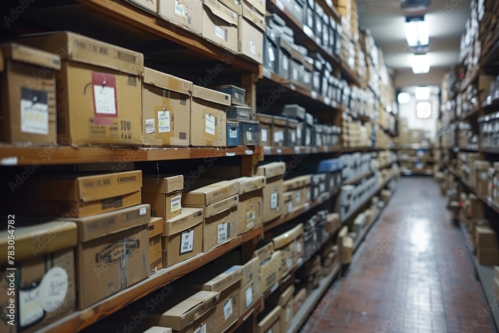 Rows of shelves line the warehouse walls, laden with boxes and containers of merchandise, organized meticulously to optimize storage space and accessibility