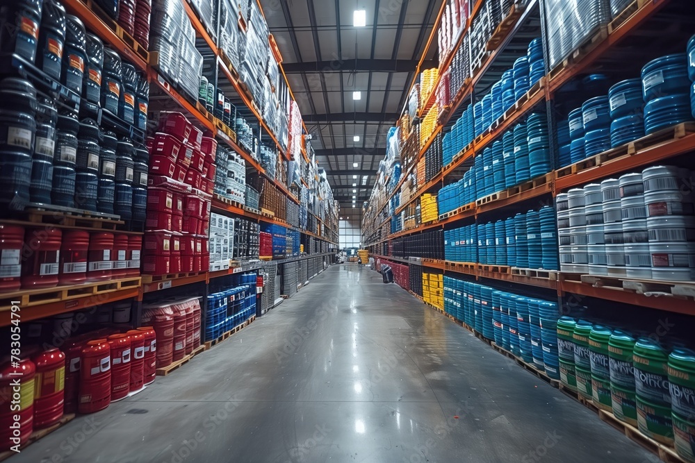 Tall storage racks tower overhead, filled with bins and containers of goods, creating a visually striking scene of order and organization within the warehouse space