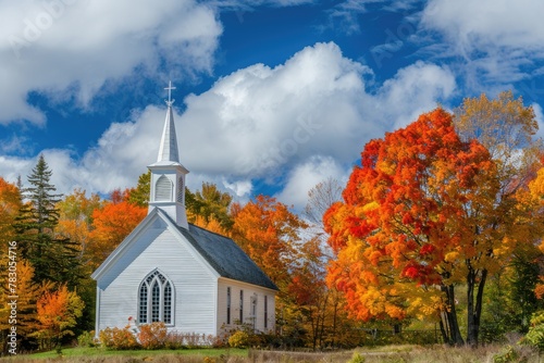Scenic Baptist Church in New Autumn. White Country Chapel with Foliage Colors and Blue Sky Background